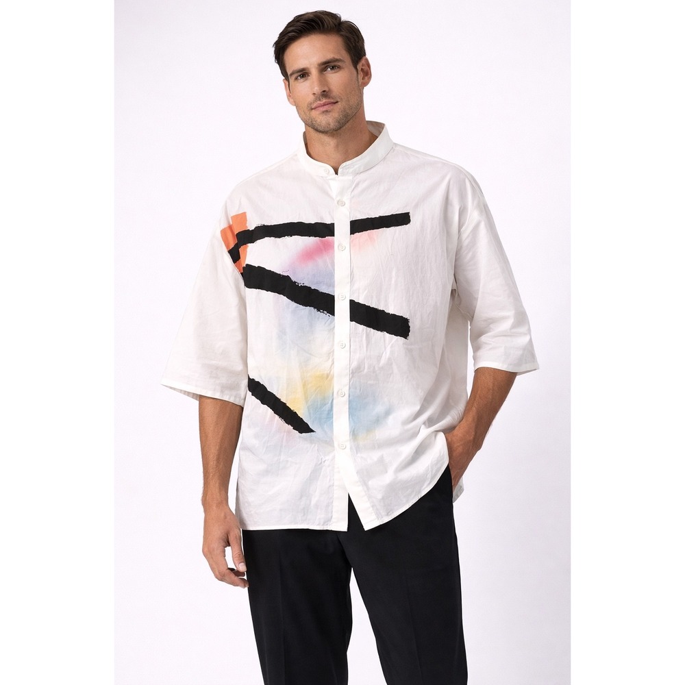 Ozai N Ku Mens Band‎ Collar Abstract Art Print Cotton Button Down Shirt White M